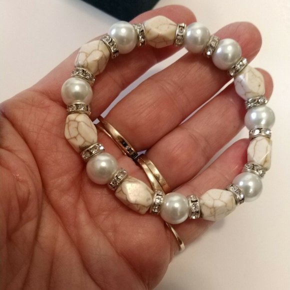 Agate Genuine Gemstone & Pearl Bead Bracelet Sparkling Fashion NWT - Picture 2 of 5